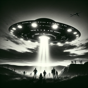 DALL·E 2023-11-13 11.33.49 – A dramatic black and white photo of a large, triangular UFO with lights at its corners, flying low over a landscape with people in the foreground. The