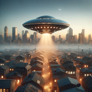 DALL·E 2023-11-13 17.03.32 – Create a highly detailed image of a uniquely shaped UFO with lights around its body, hovering over an urban landscape. The image should be set during