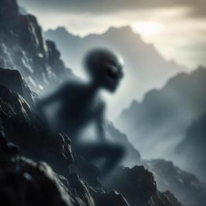 DALL·E 2023-11-14 15.51.50 – A blurry image of an alien figure blending into a rugged mountainous terrain. The alien is skillfully camouflaged, with just parts of its silhouette v