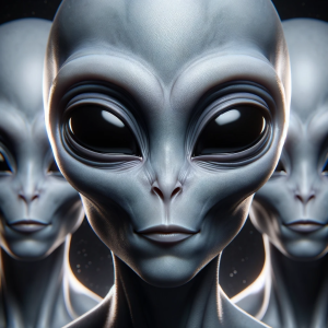 DALL·E 2023-11-14 16.01.13 – Create a highly detailed digital artwork of three identical alien faces close together, with smooth grey skin, large black almond-shaped eyes, and sub