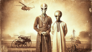 DALL·E 2023-11-14 16.19.34 – Create a highly detailed digital artwork of an alien standing next to a human in a rural setting, resembling a vintage photograph with sepia tones. Th