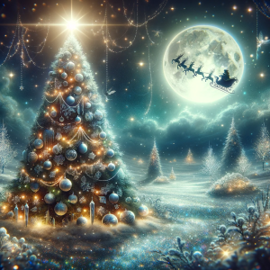 DALL·E 2023-12-04 16.37.10 – An image of an enchanted Christmas tree with a magical background. The tree is lush and richly decorated with twinkling lights, sparkling ornaments, a