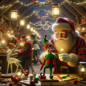 DALL·E 2023-12-11 17.17.11 – An image capturing a heartwarming scene inside Santa’s workshop on a chilly winter morning. Santa Claus is overseeing a busy production line of toys,