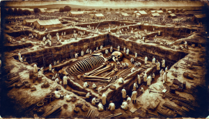 DALL·E 2023-12-29 16.37.33 – A panoramic, sepia-toned photograph that captures a large-scale archaeological excavation site teeming with detail. Many archaeologists in white lab c