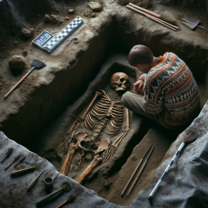 DALL·E 2023-12-29 17.15.08 – A close-up photograph of an archaeological excavation in progress, with an archaeologist carefully uncovering human remains in a soil pit. The scene i