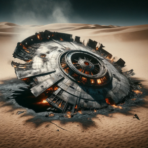 DALL·E 2024-01-03 14.25.30 – An intense image of a UFO crash site in the desert, with the UFO visibly charred and partially disintegrated. The disc-shaped craft shows extensive da