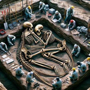 DALL·E 2024-01-03 15.39.45 – An intriguing image of an archaeological site where the intertwined skeletons of two aliens have been discovered. The scene is set in an excavation ar