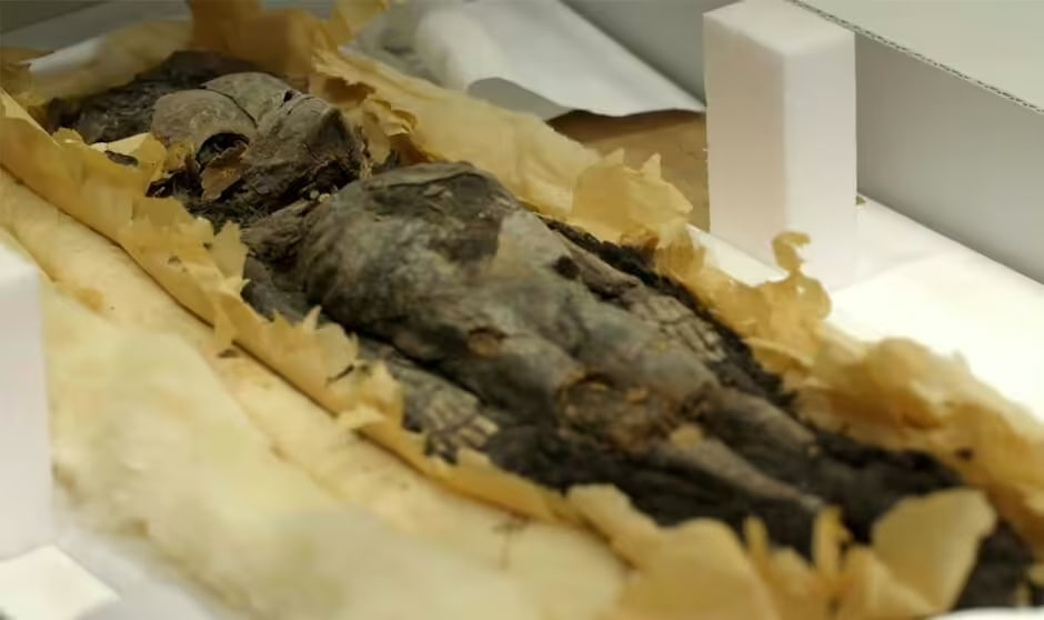 One of the mummified remains found inside the tomb; later analysis found them to be Tut's daughters (Image: Youtube/Smithsonian Channel)