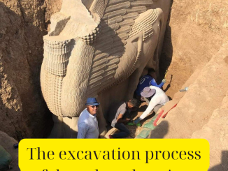 The excavation process of the colossal ancient Lamassu statue will be conducted how?